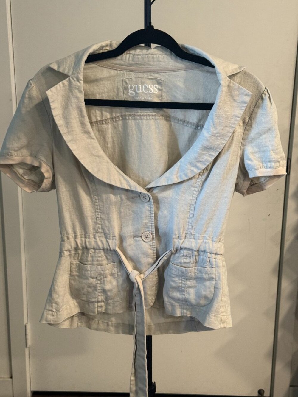 Guess Linen Blend Short Sleeve Belted Utility Jacket Top Beige
